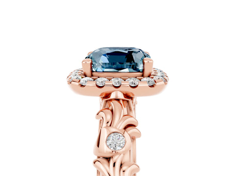 Rose gold Cushion Cut Halo Diamond Solitaire with Filigree Band and Four-Prong Setting_5