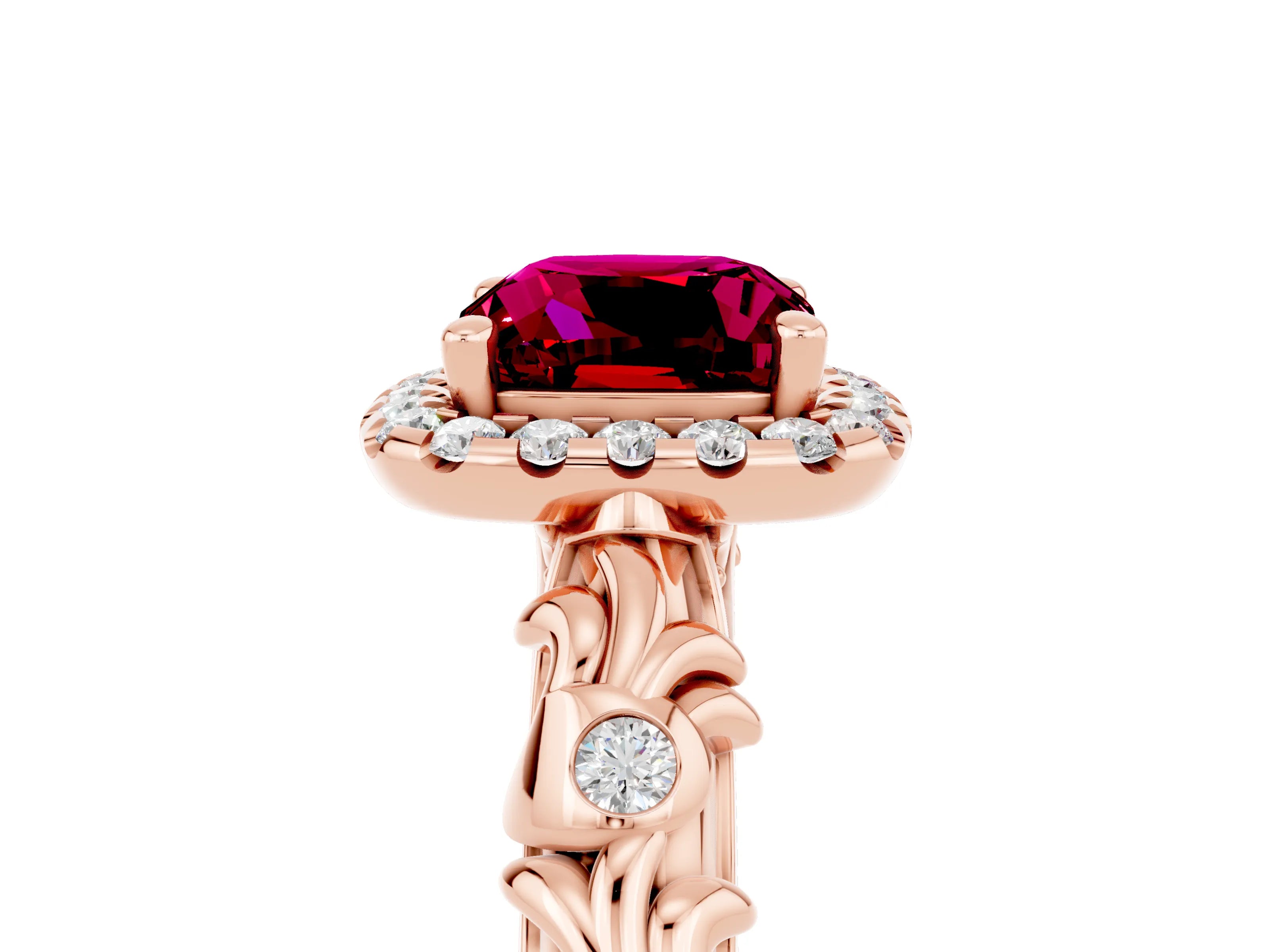 Rose gold Cushion Cut Halo Diamond Solitaire with Filigree Band and Four-Prong Setting_5