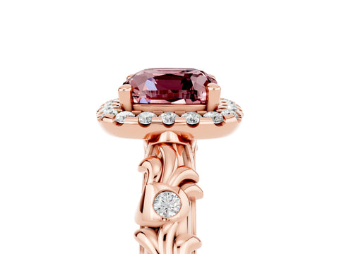Rose gold Cushion Cut Halo Diamond Solitaire with Filigree Band and Four-Prong Setting_5