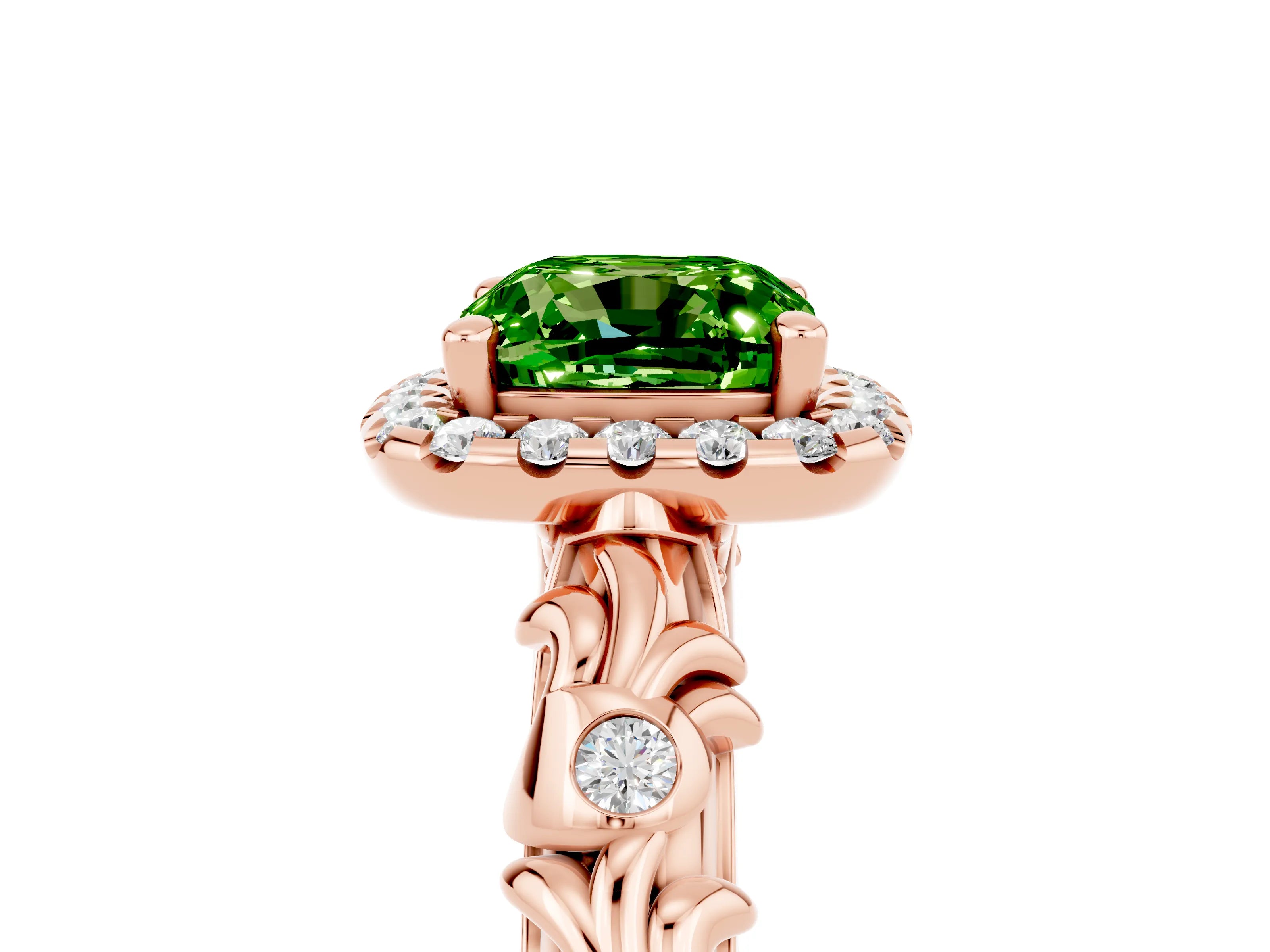 Rose gold Cushion Cut Halo Diamond Solitaire with Filigree Band and Four-Prong Setting_5