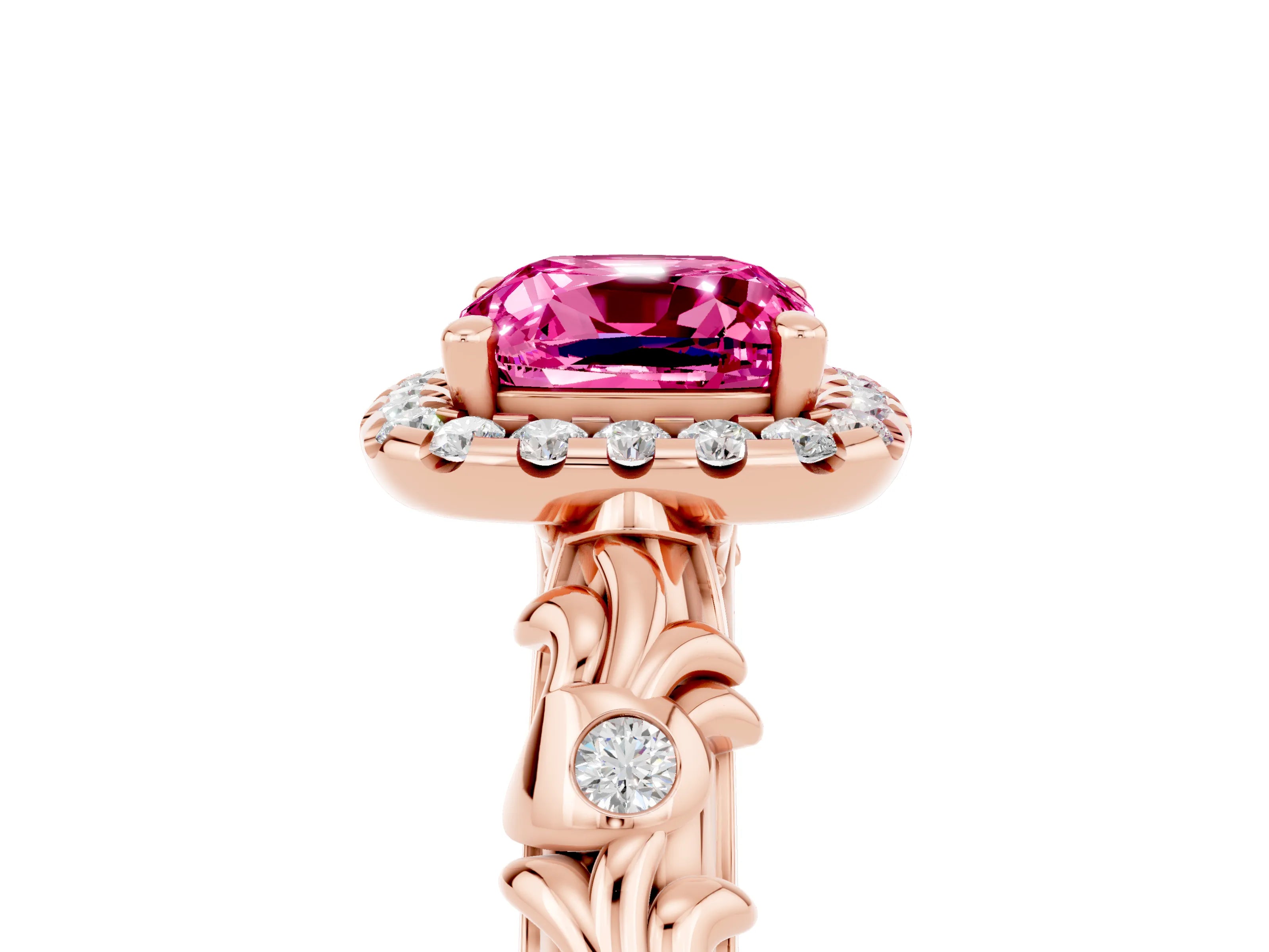 Rose gold Cushion Cut Halo Diamond Solitaire with Filigree Band and Four-Prong Setting_5