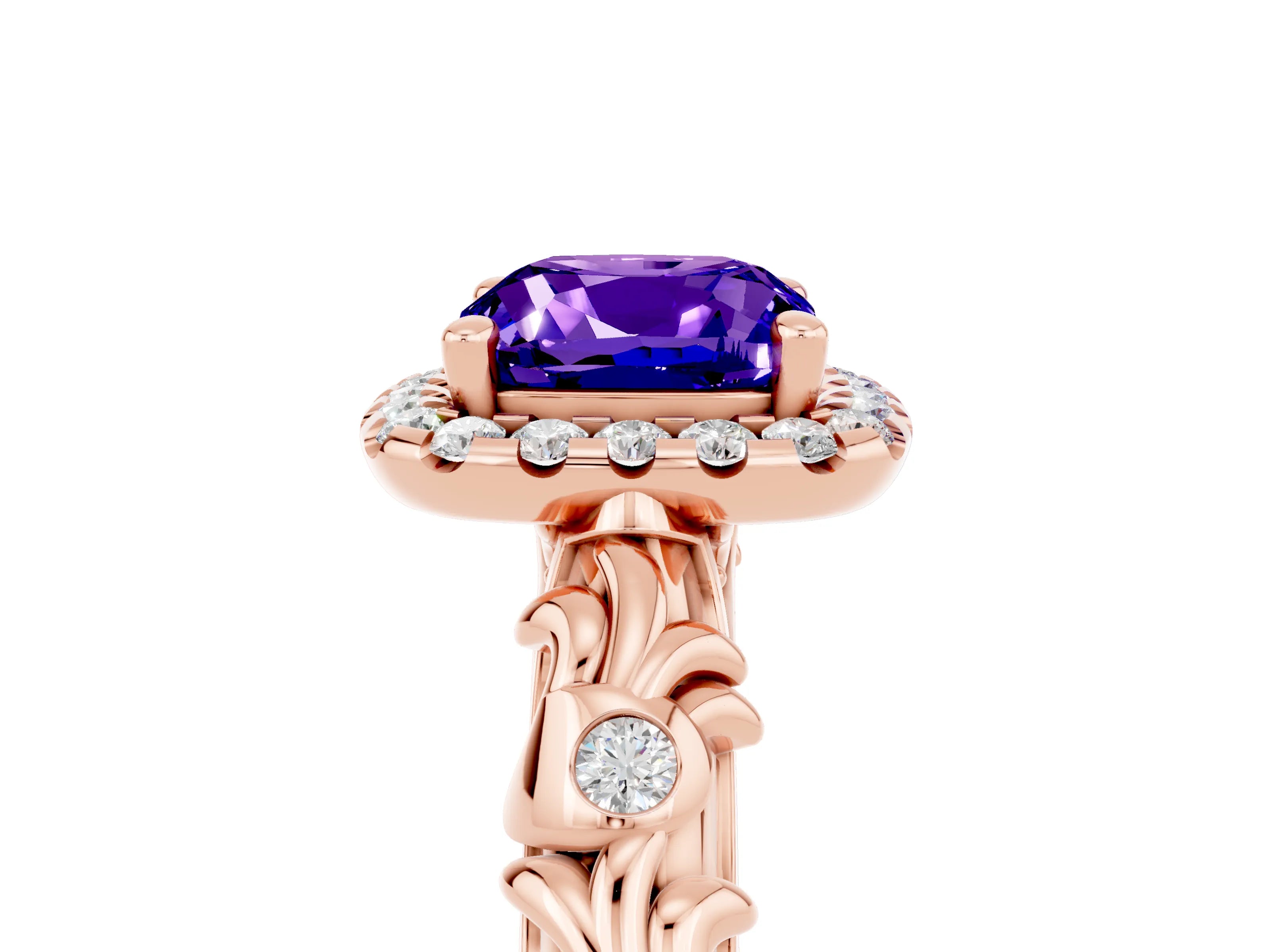 Rose gold Cushion Cut Halo Diamond Solitaire with Filigree Band and Four-Prong Setting_5