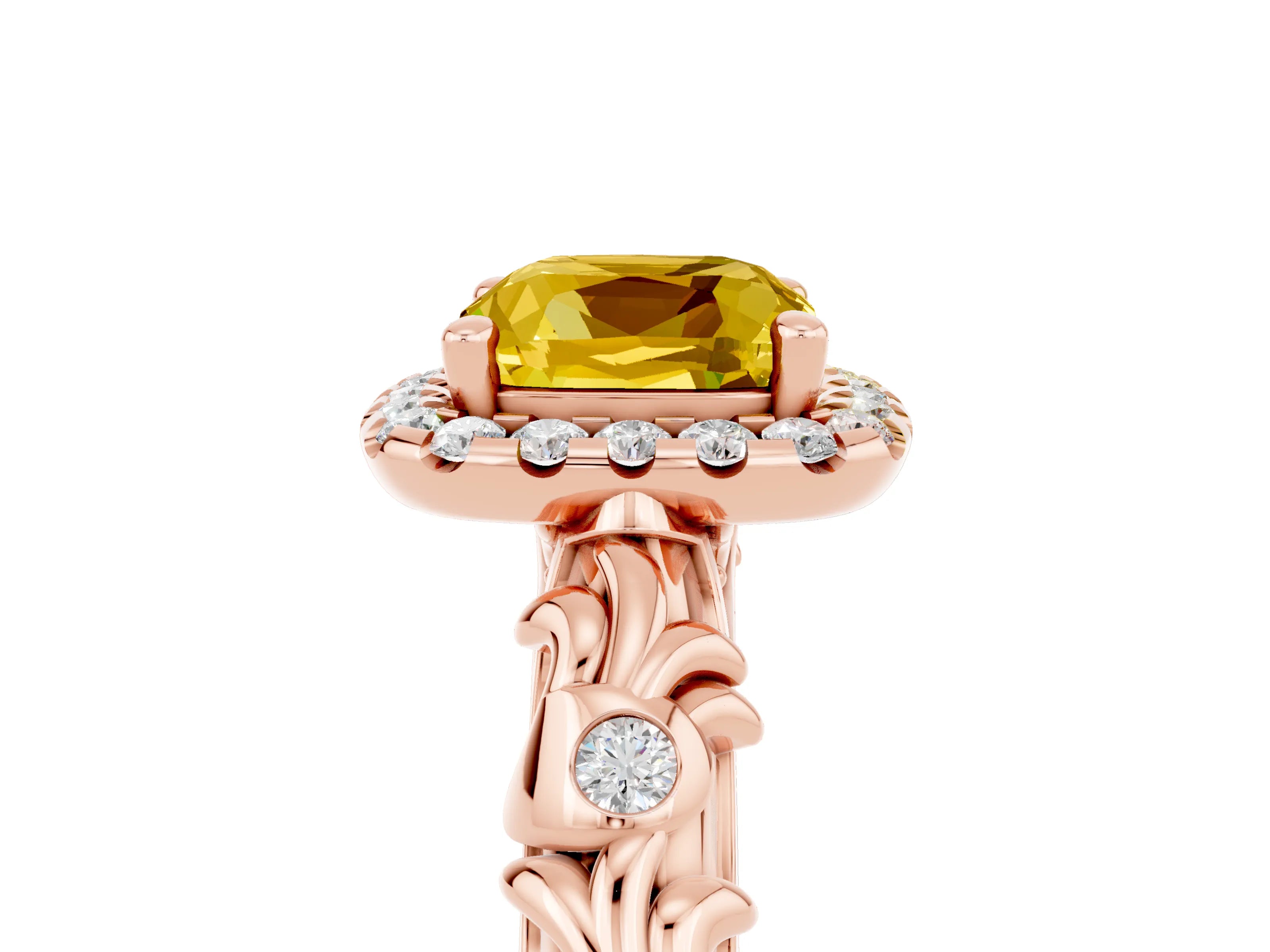 Rose gold Cushion Cut Halo Diamond Solitaire with Filigree Band and Four-Prong Setting_5
