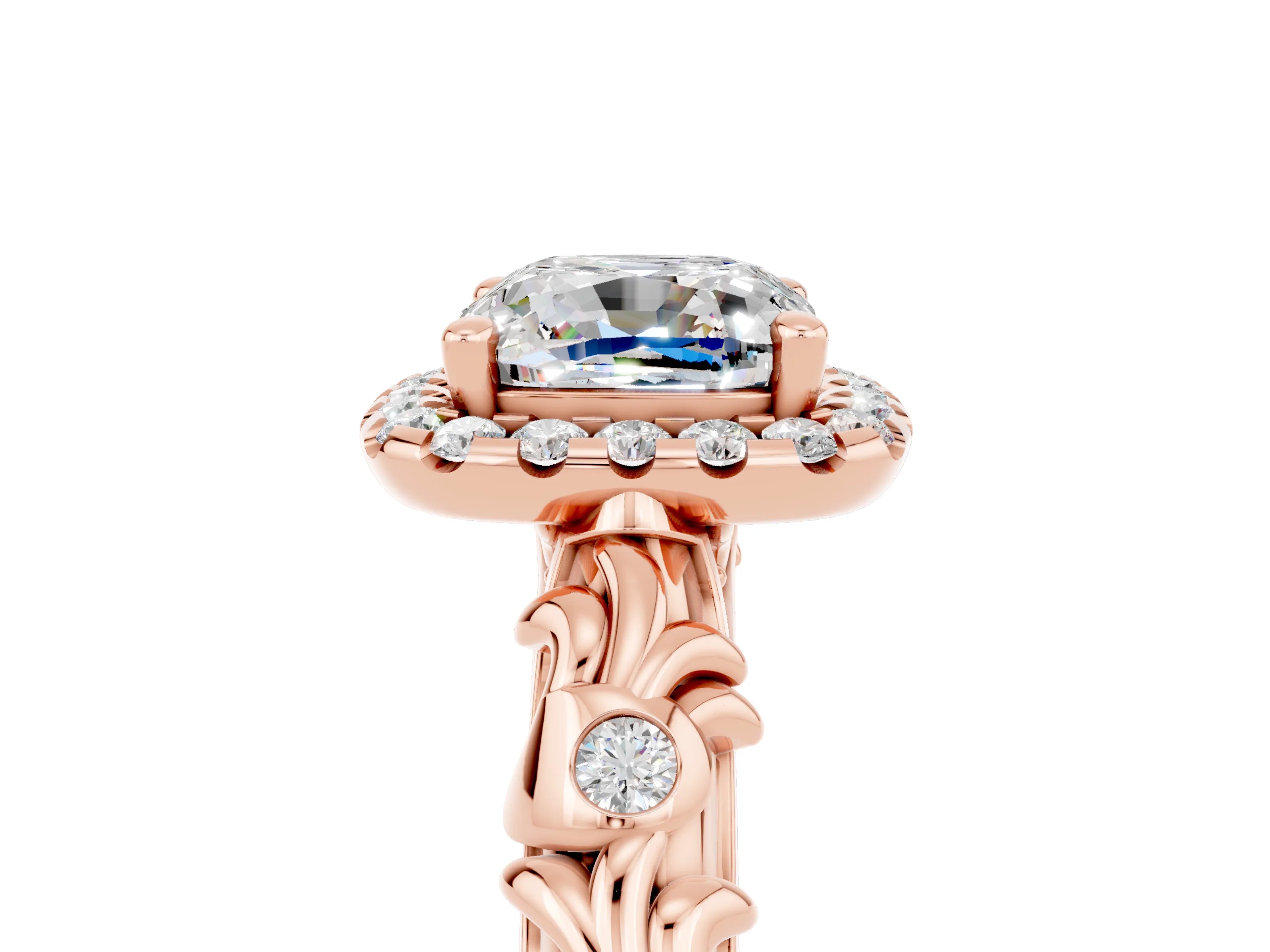 Rose gold Cushion Cut Halo Diamond Solitaire with Filigree Band and Four-Prong Setting_5
