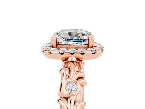Rose gold Cushion Cut Halo Diamond Solitaire with Filigree Band and Four-Prong Setting_5