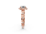 10K Rose Gold 0.42 Carat E VVS2 Cushion Diamond Halo Ring with Filigree Band and Prong Setting
