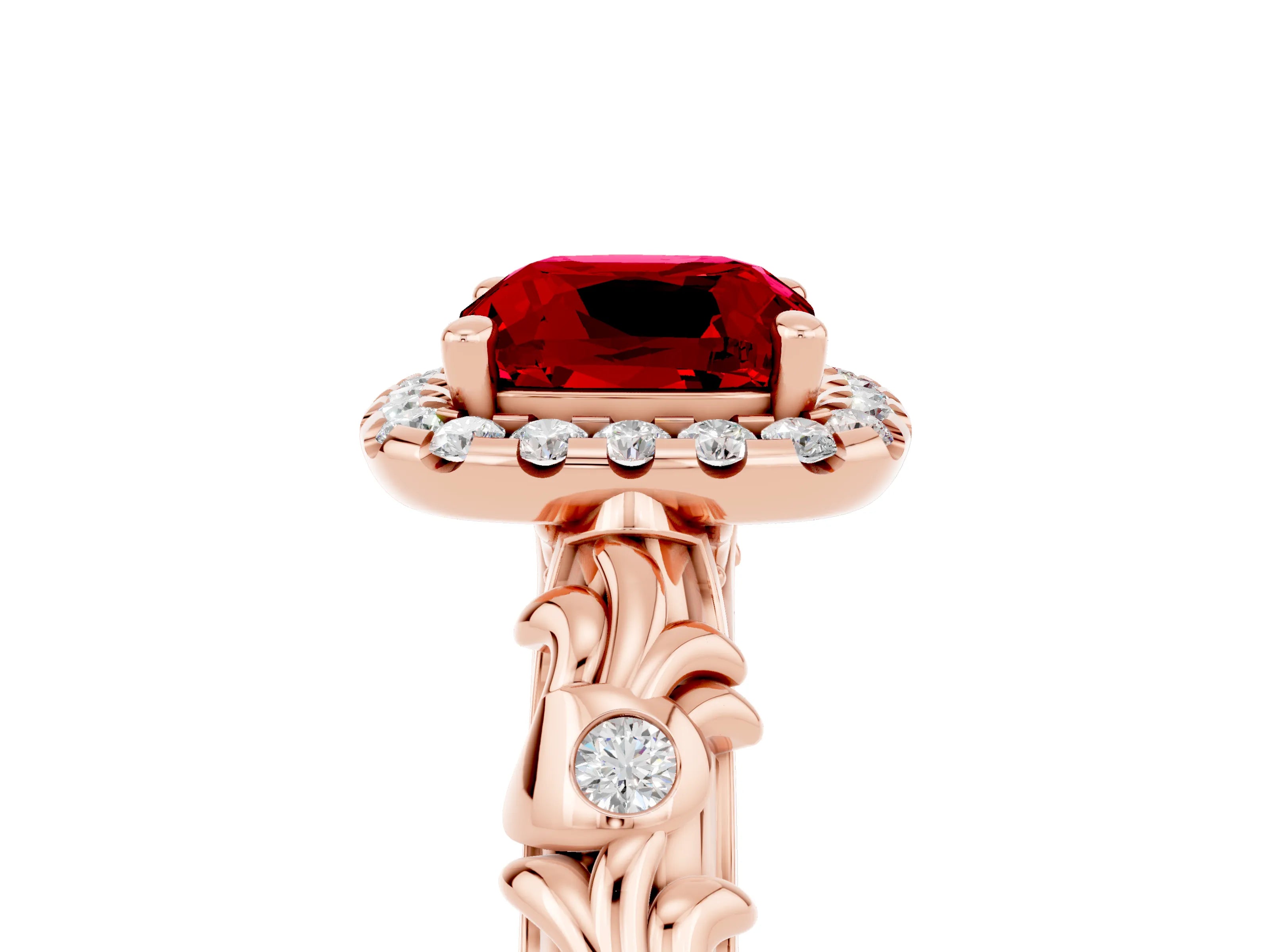 Rose gold Cushion Cut Halo Diamond Solitaire with Filigree Band and Four-Prong Setting_5