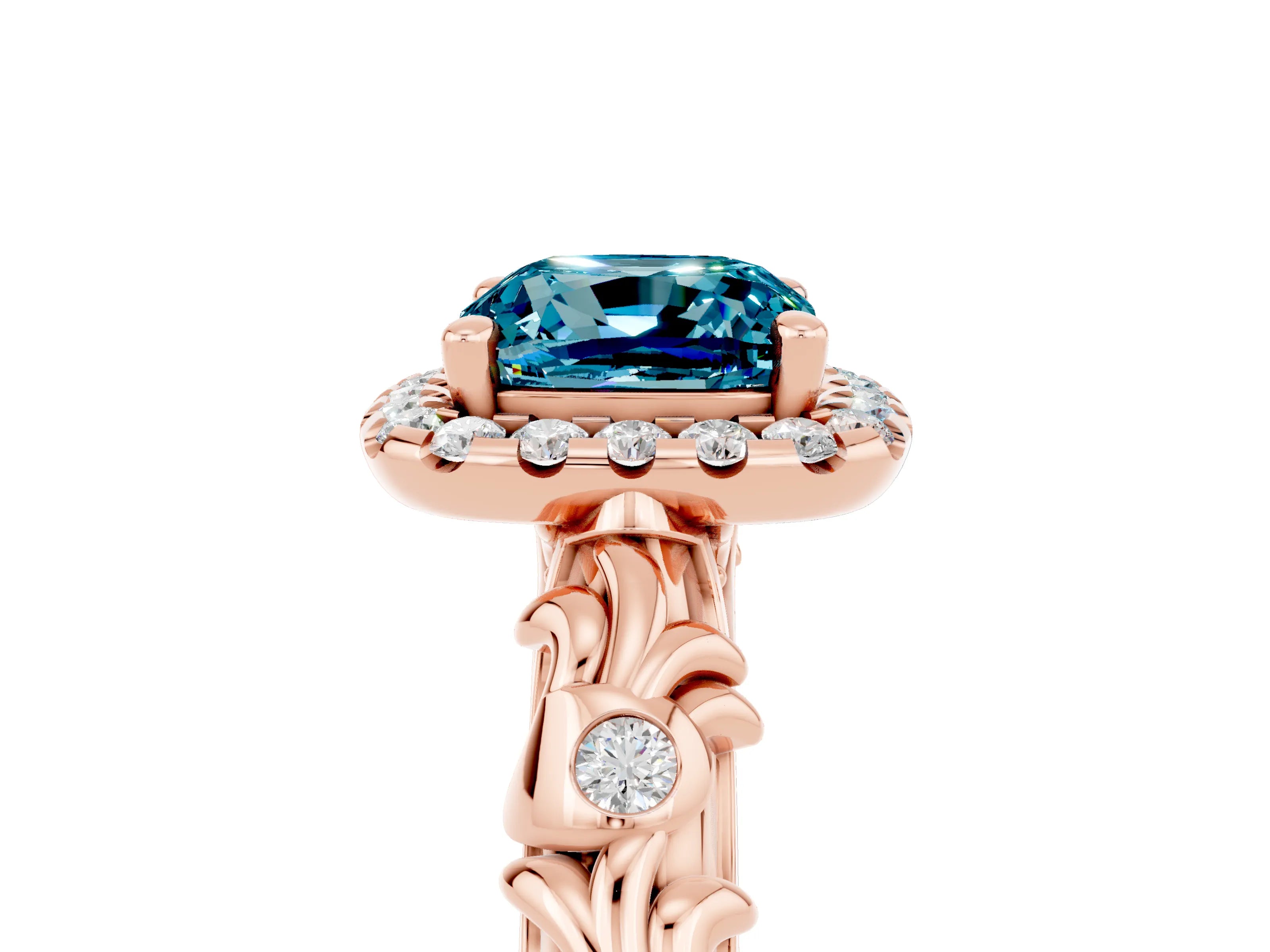 Rose gold Cushion Cut Halo Diamond Solitaire with Filigree Band and Four-Prong Setting_5