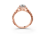 10K Rose Gold 0.42 Carat E VVS2 Cushion Diamond Halo Ring with Filigree Band and Prong Setting