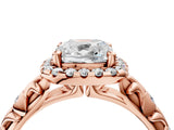 10K Rose Gold 0.42 Carat E VVS2 Cushion Diamond Halo Ring with Filigree Band and Prong Setting