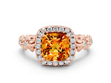 Rose gold Cushion Cut Halo Diamond Solitaire with Filigree Band and Four-Prong Setting