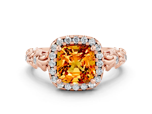Rose gold Cushion Cut Citrine Halo Ring with Filigree Band and Prong Setting