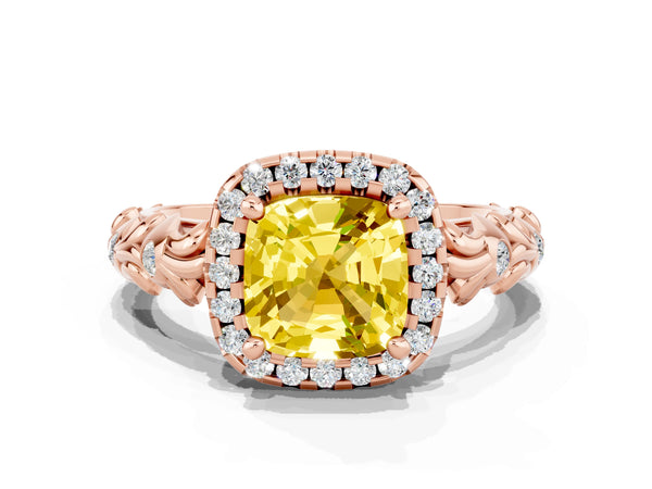 Rose gold Cushion Cut Yellow Sapphire Halo Ring with Filigree Band and Prong Setting
