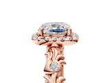 10K Rose Gold 0.42 Carat E VVS2 Cushion Diamond Halo Ring with Filigree Band and Prong Setting