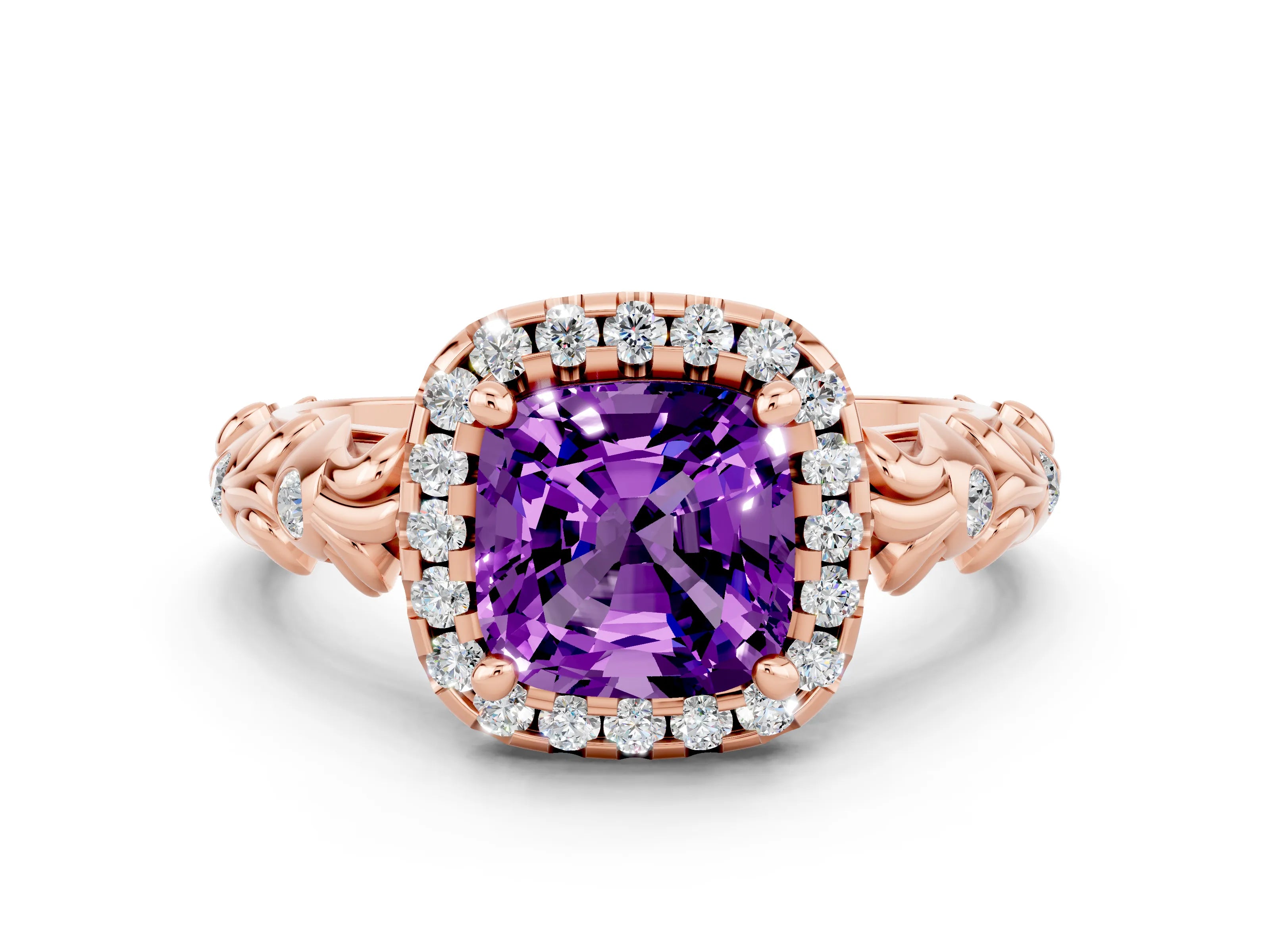 Rose gold Cushion Cut Halo Diamond Solitaire with Filigree Band and Four-Prong Setting