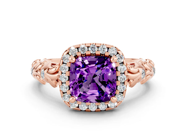 Rose gold Cushion Cut Amethyst Halo Ring with Filigree Band and Prong Setting