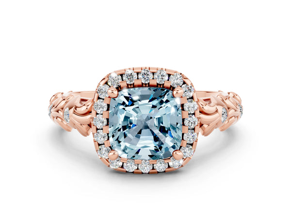 Rose gold Cushion Cut Aquamarine Halo Ring with Filigree Band and Prong Setting