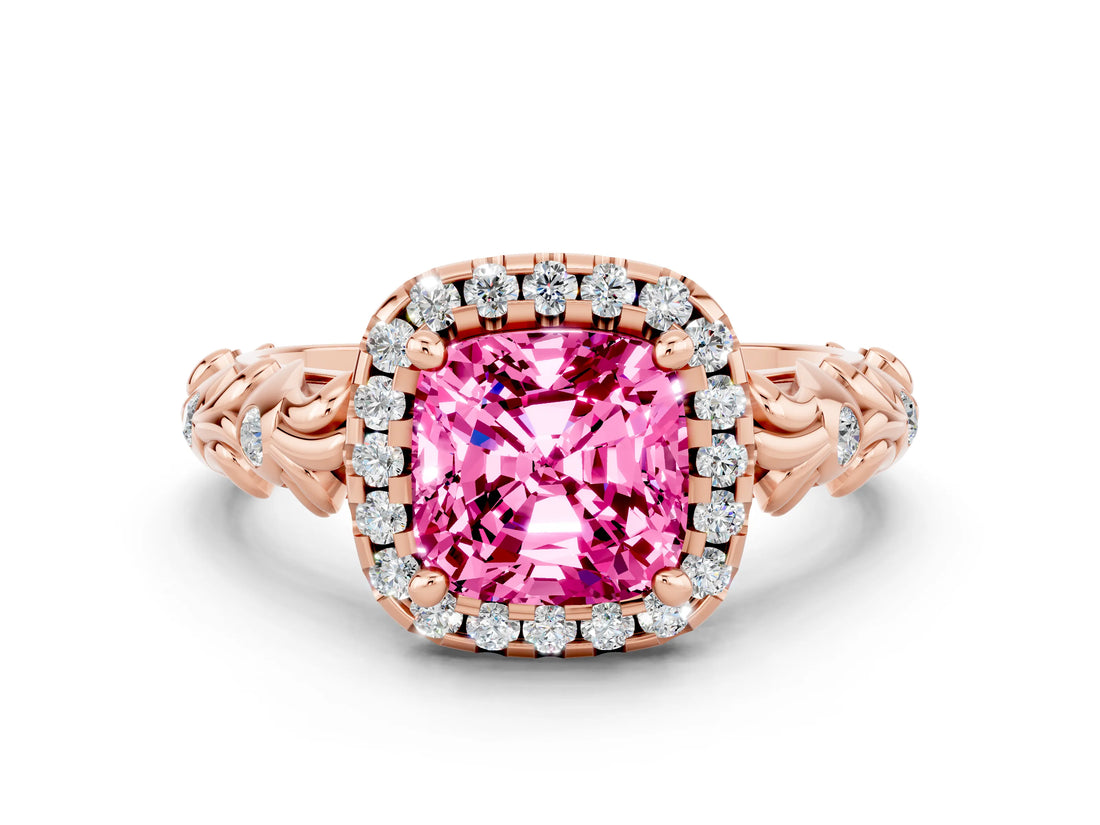 Rose gold Cushion Cut Halo Diamond Solitaire with Filigree Band and Four-Prong Setting
