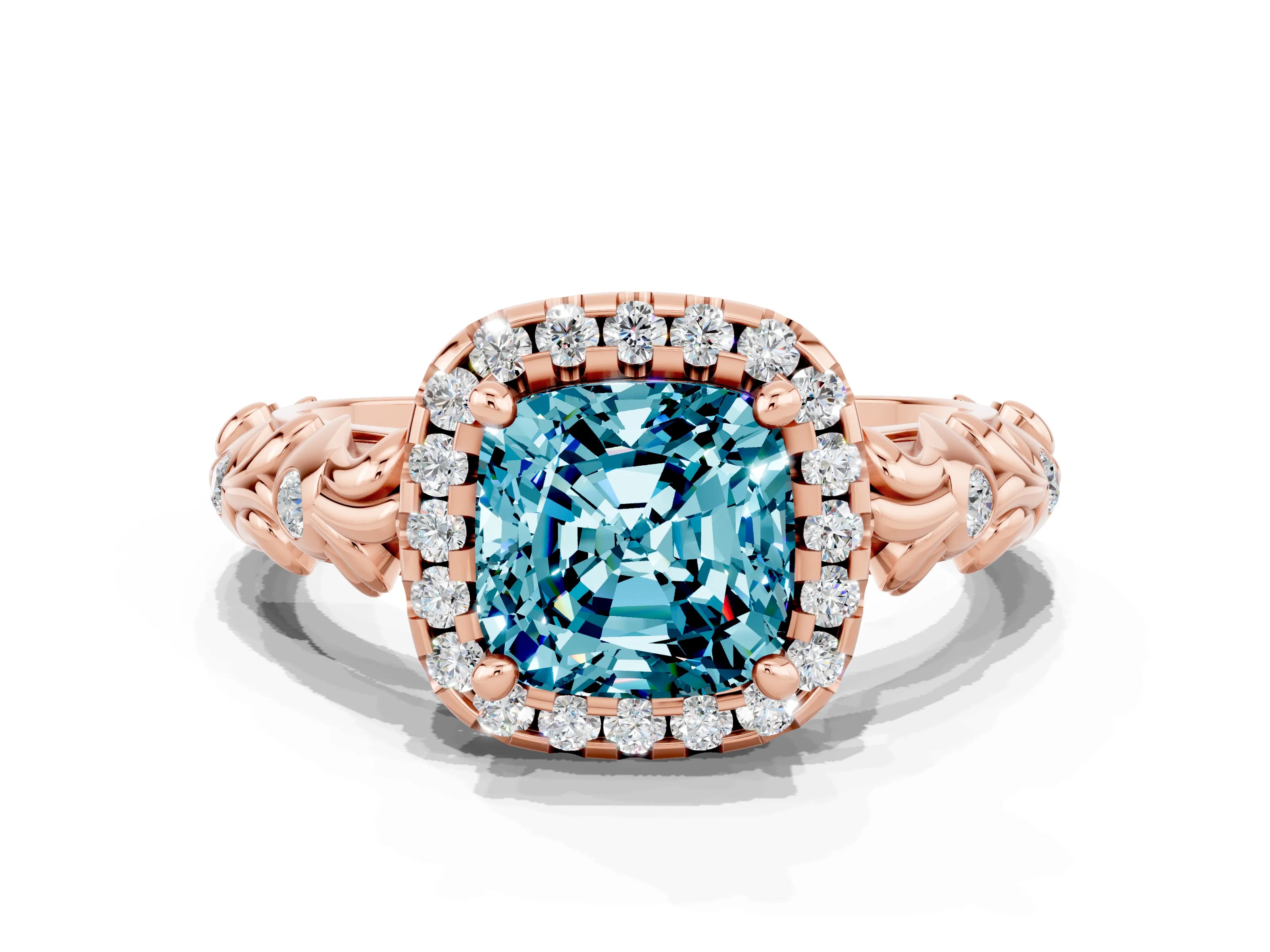 Rose gold Cushion Cut Halo Diamond Solitaire with Filigree Band and Four-Prong Setting