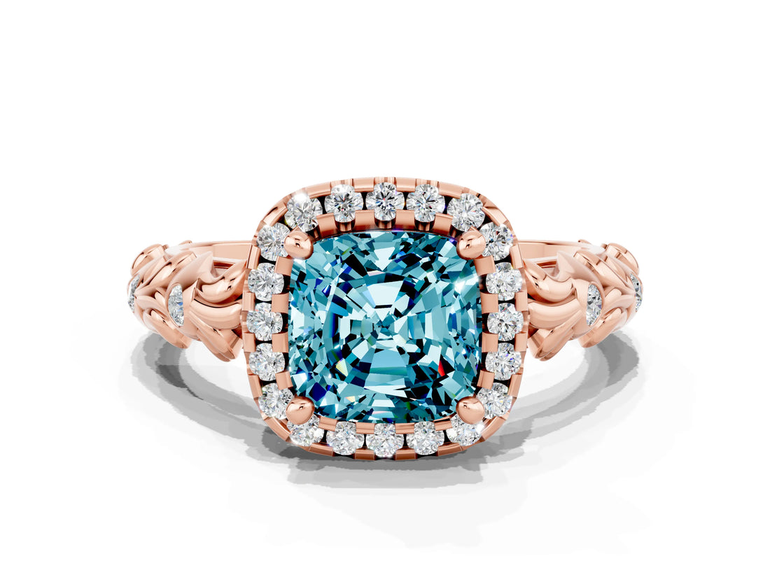 Rose gold Cushion Cut Halo Diamond Solitaire with Filigree Band and Four-Prong Setting