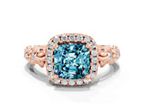 Rose gold Cushion Cut Halo Diamond Solitaire with Filigree Band and Four-Prong Setting