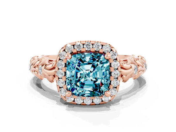 Rose gold Cushion Cut Halo Diamond Solitaire with Filigree Band and Four-Prong Setting