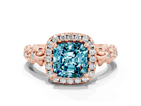Rose gold Cushion Cut Halo Diamond Solitaire with Filigree Band and Four-Prong Setting