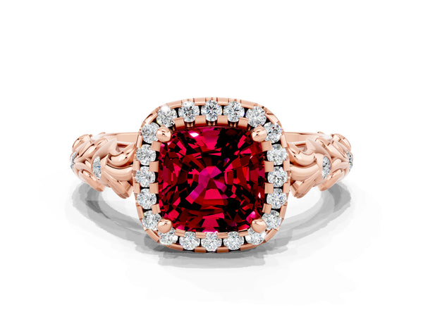 Rose gold Cushion Cut Garnet Halo Ring with Filigree Band and Prong Setting