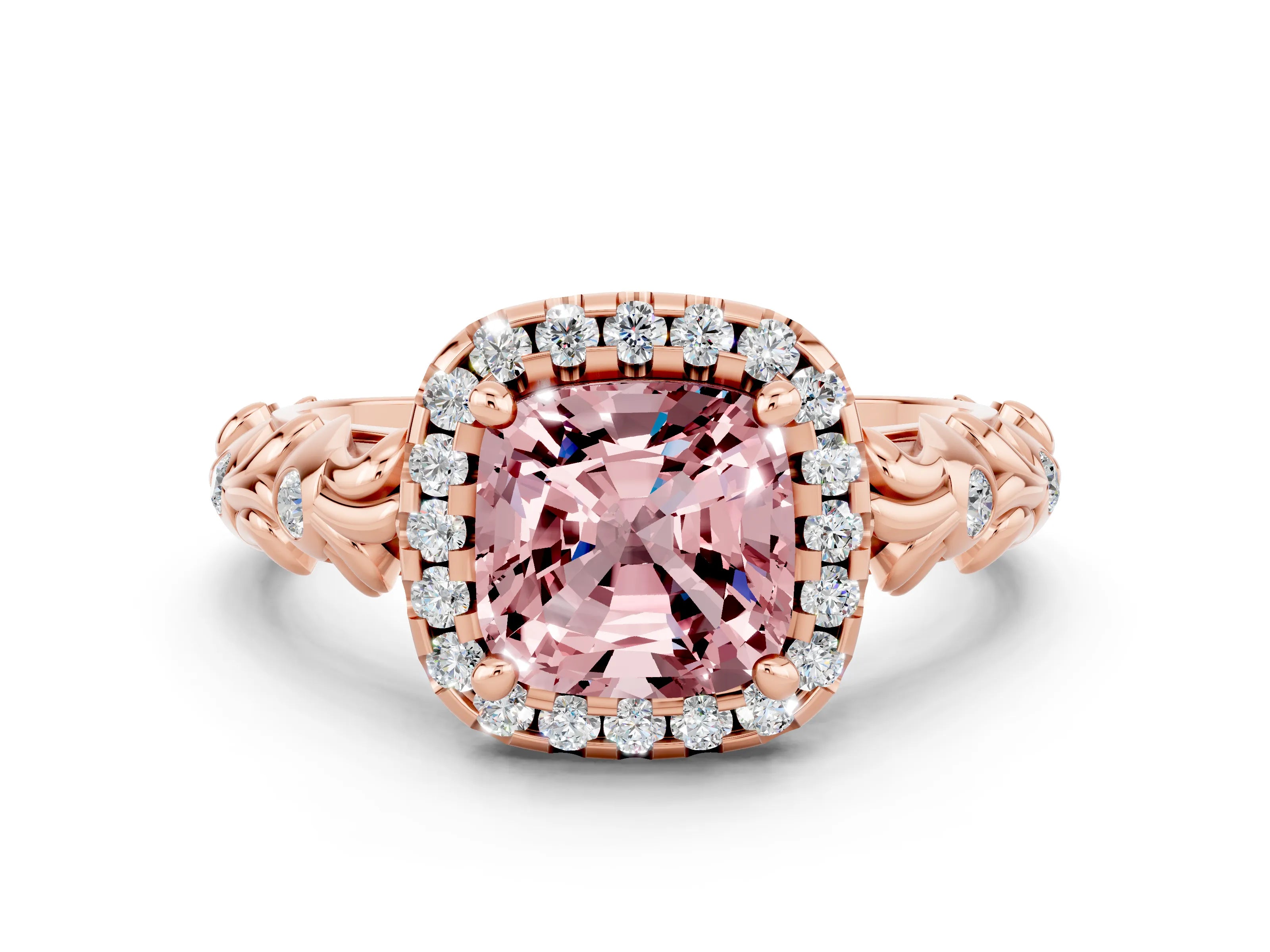 Rose gold Cushion Cut Halo Diamond Solitaire with Filigree Band and Four-Prong Setting