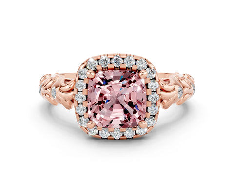 Rose gold Cushion Cut Halo Diamond Solitaire with Filigree Band and Four-Prong Setting