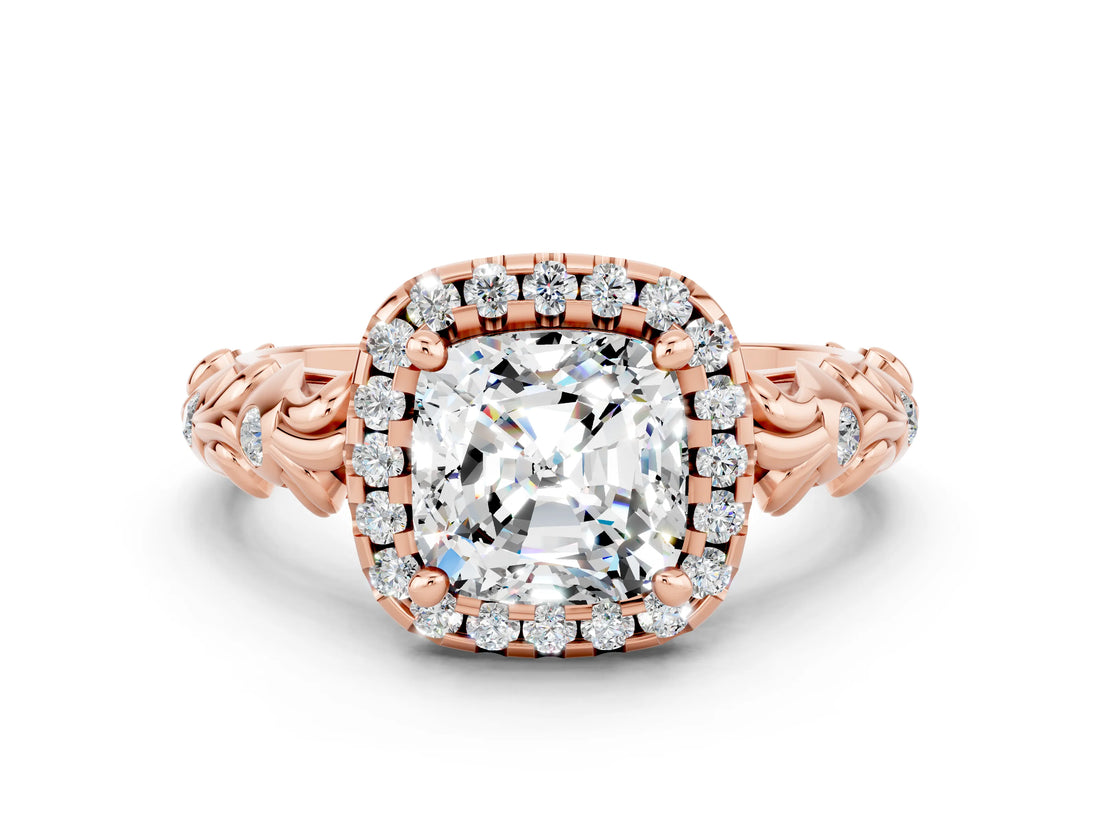 Rose gold Cushion Cut Halo Diamond Solitaire with Filigree Band and Four-Prong Setting