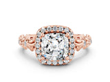 Rose gold Cushion Cut Halo Diamond Solitaire with Filigree Band and Four-Prong Setting