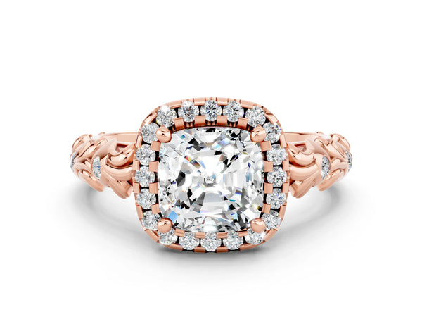 Rose gold Cushion Cut Moissanite Halo Ring with Filigree Band and Prong Setting