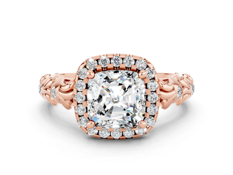 Rose gold Cushion Cut Halo Diamond Solitaire with Filigree Band and Four-Prong Setting