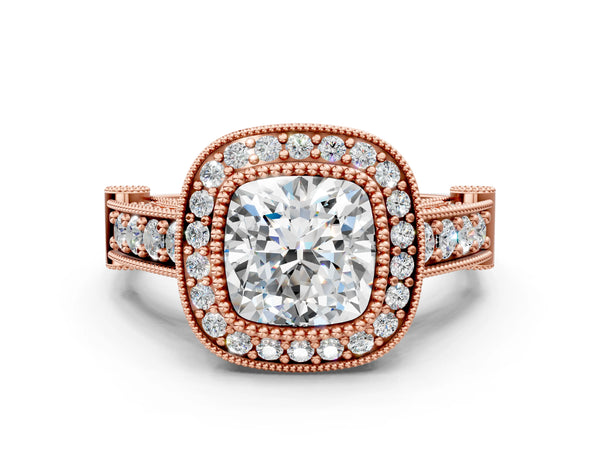 Rose Gold Cushion Cut Vintage Bezel Halo Engagement Ring Setting
