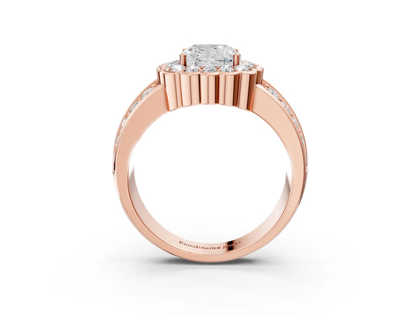 Rose gold Cushion Cut Halo Diamond Split Shank Ring with Scalloped Prong Setting