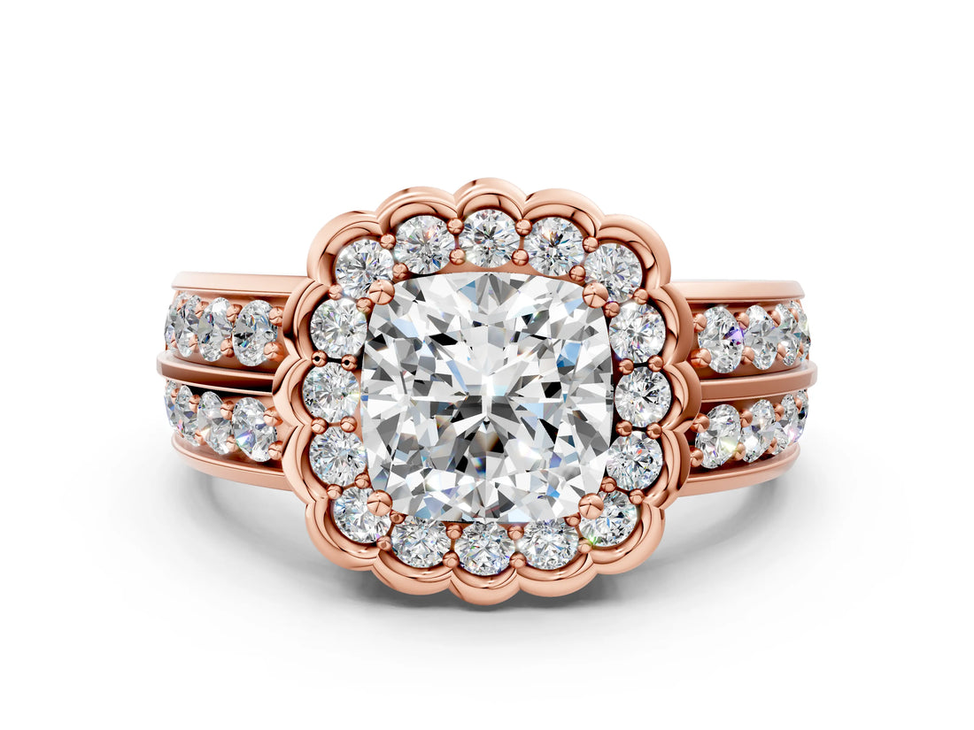 Rose gold Cushion Cut Halo Diamond Split Shank Ring with Scalloped Prong Setting_7