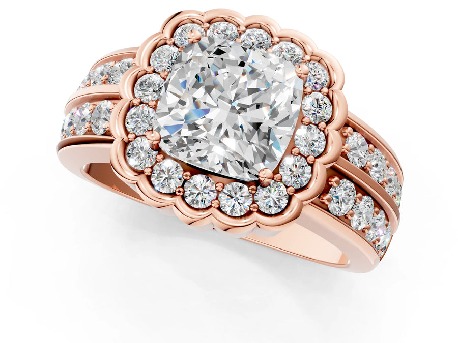 Rose gold Cushion Cut Halo Diamond Split Shank Ring with Scalloped Prong Setting