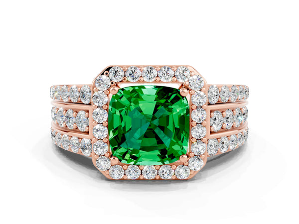 Rose gold Cushion Cut Halo Emerald Ring with Round  Split Shank and Prong Setting