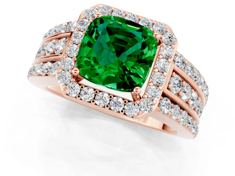 Rose gold Cushion Cut Halo Emerald Ring with Split Shank and Four-Prong Setting_1