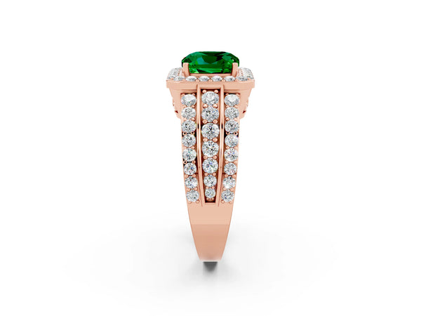 Rose gold Cushion Cut Halo Emerald Ring with Round  Split Shank and Prong Setting
