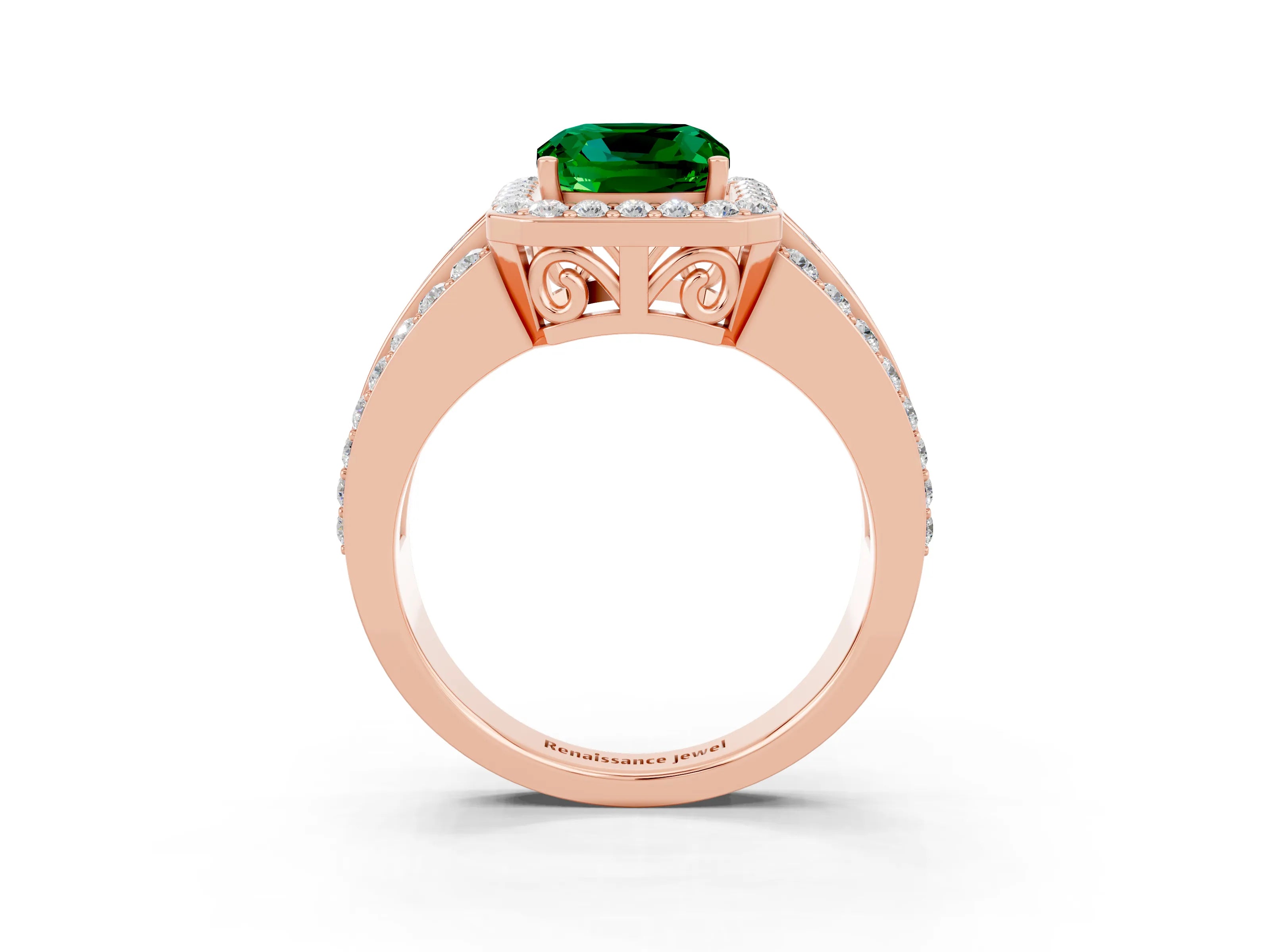 Rose gold Cushion Cut Halo Emerald Ring with Split Shank and Four-Prong Setting_3