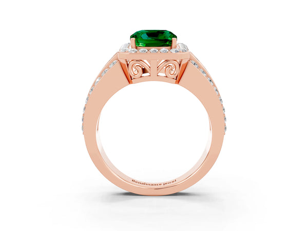 Rose gold Cushion Cut Halo Emerald Ring with Round  Split Shank and Prong Setting