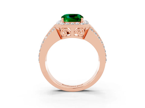 Rose gold Cushion Cut Halo Emerald Ring with Split Shank and Four-Prong Setting_3