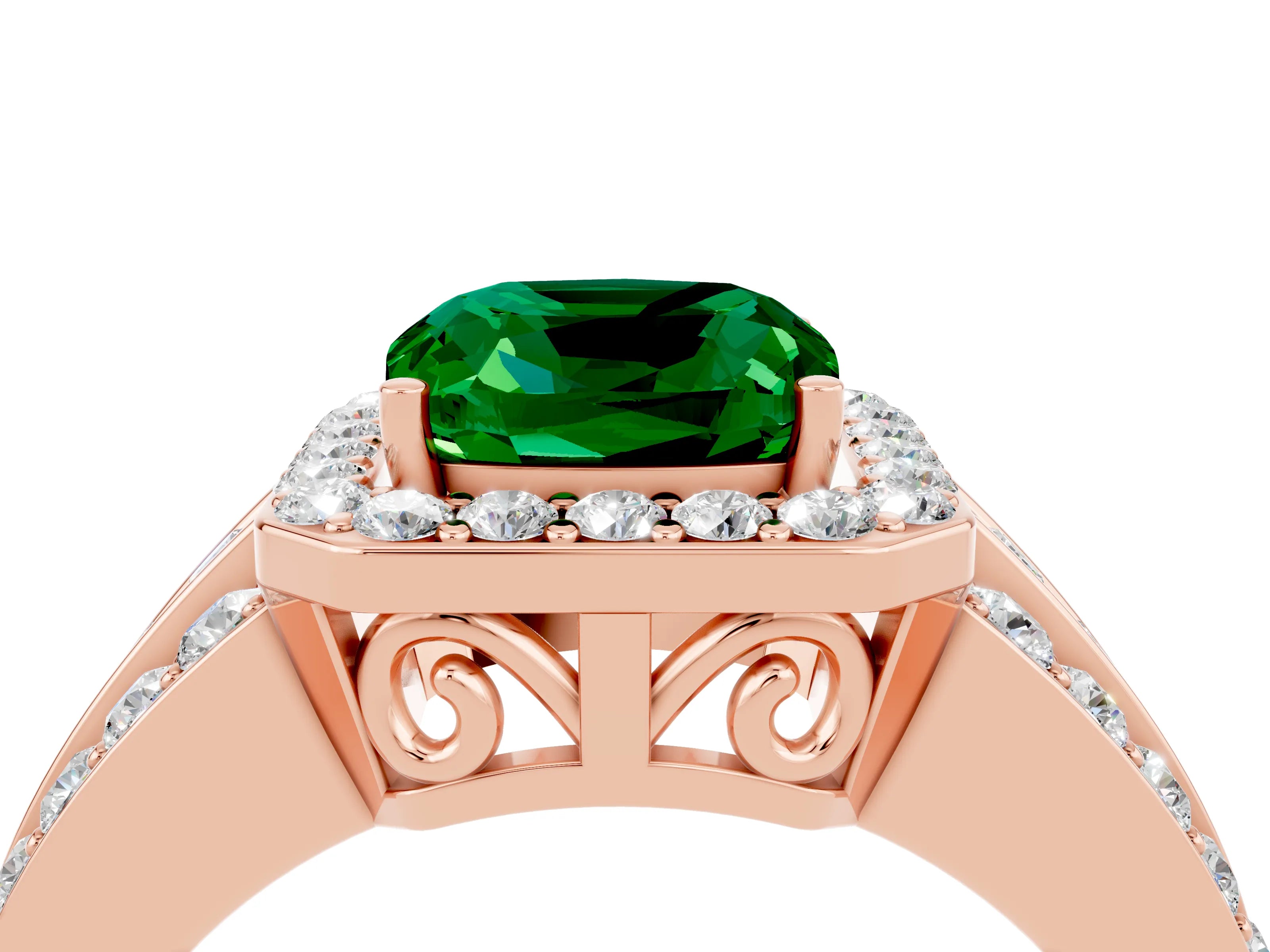 Rose gold Cushion Cut Halo Emerald Ring with Split Shank and Four-Prong Setting_4