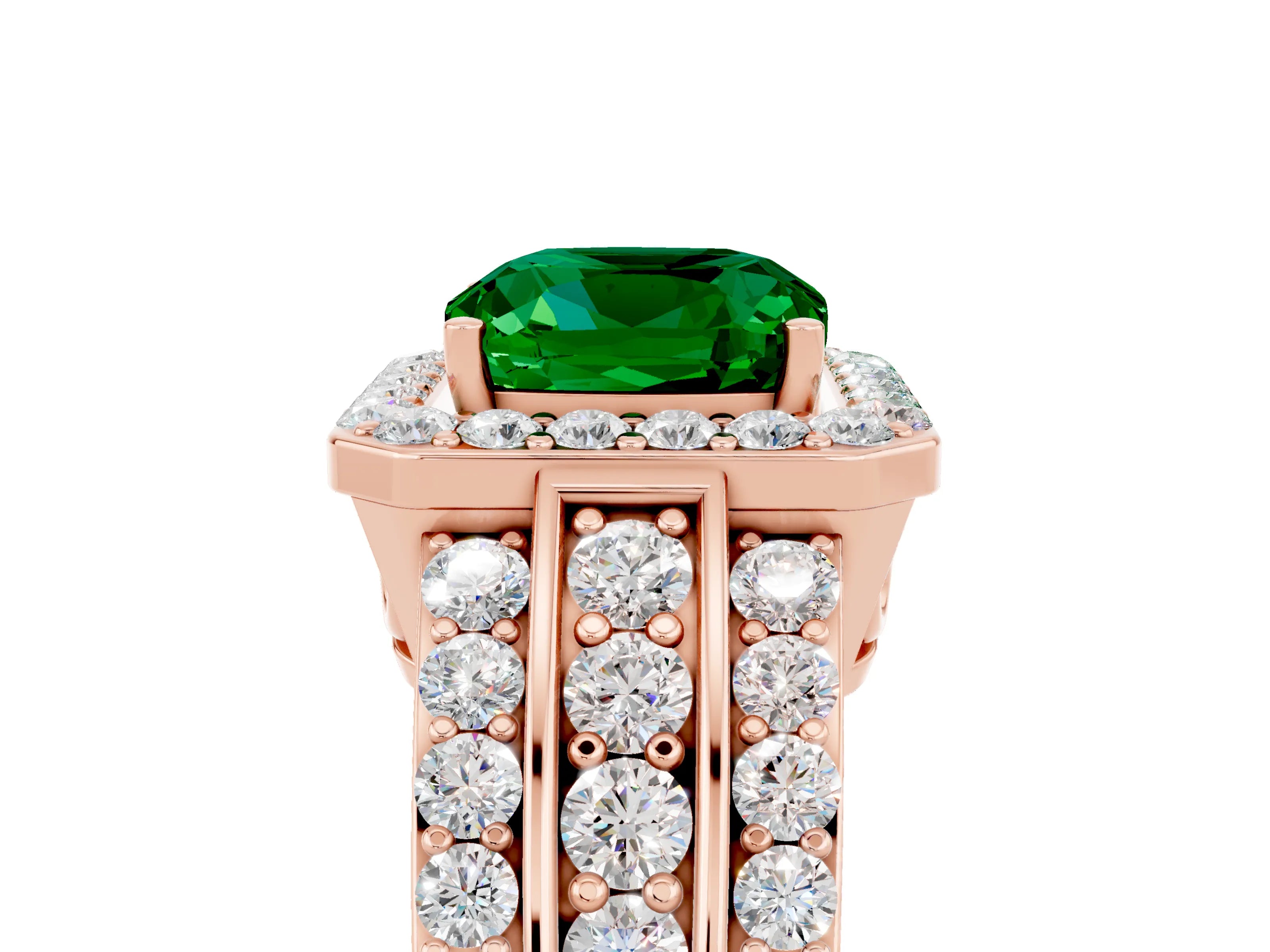Rose gold Cushion Cut Halo Emerald Ring with Split Shank and Four-Prong Setting_5