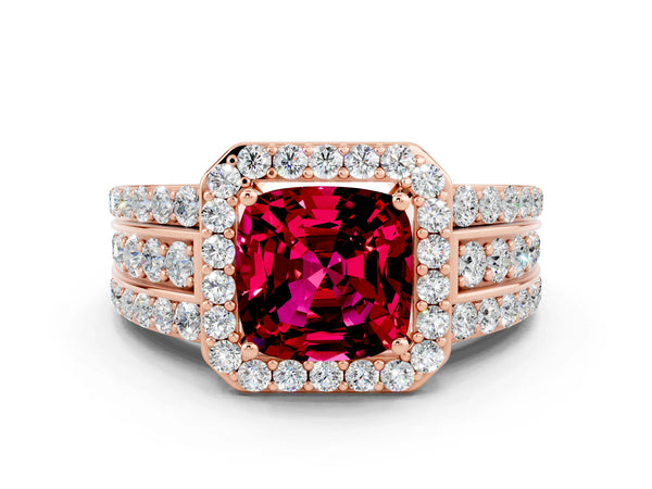 Rose gold Cushion Cut Halo Garnet Ring with Round  Split Shank and Prong Setting