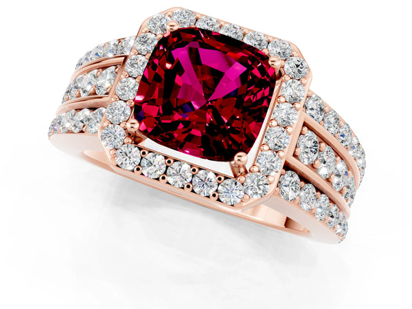 Rose gold Cushion Cut Halo Garnet Ring with Round  Split Shank and Prong Setting