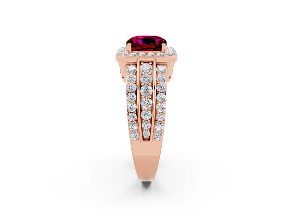 Rose gold Cushion Cut Halo Garnet Ring with Round  Split Shank and Prong Setting