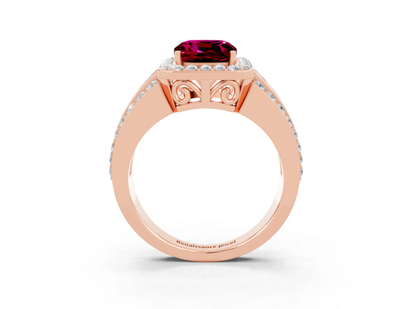Rose gold Cushion Cut Halo Garnet Ring with Round  Split Shank and Prong Setting